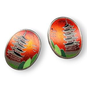 Vintage Sterling Silver Enamel Asian Pagoda Building Screw Backs
